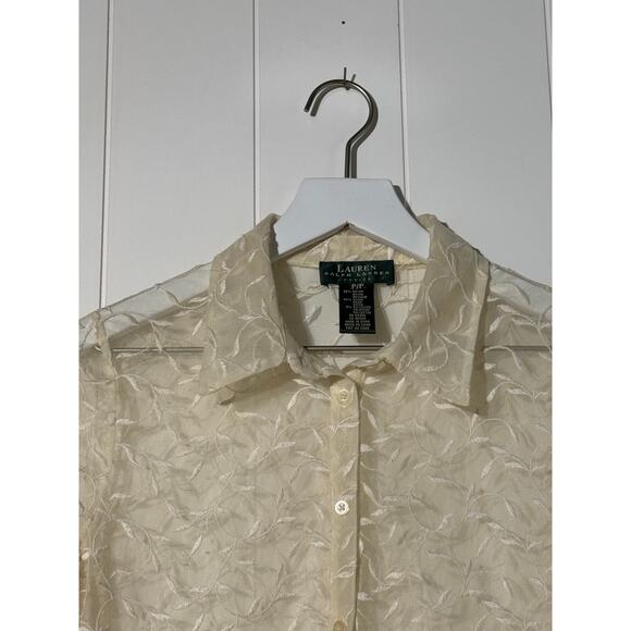 Ralph Lauren Sheer Long Sleeve Embroidered Beige Button Down Shirt Small Petite - Picture 3 of 5